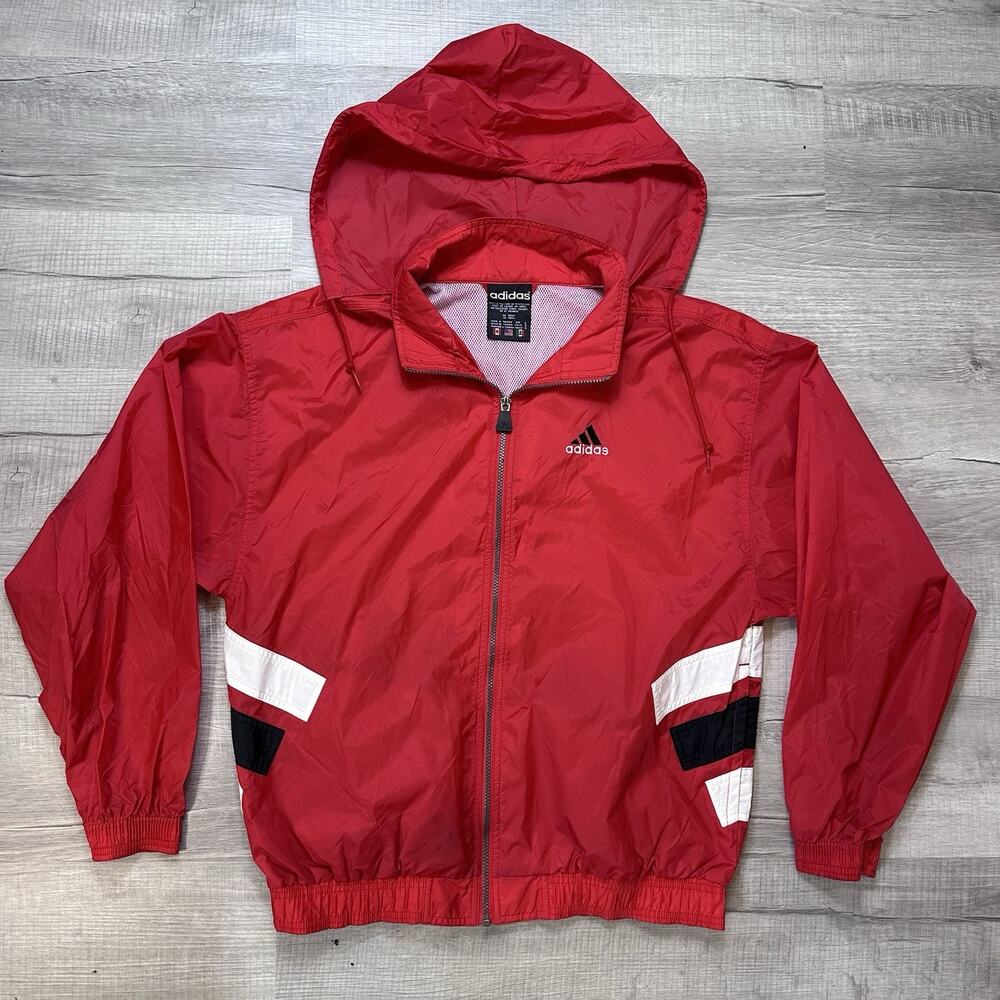 Vintage Adidas Jacket Mens Large Red Full Zip Nylon Windbreaker Track Hooded